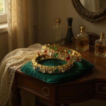 Designer Bollywood openable Kada set Gold Finish. Indian Gold Plated Bangle with Ruby and Emerald multi semi precious stones 2.4 & 2.6 size