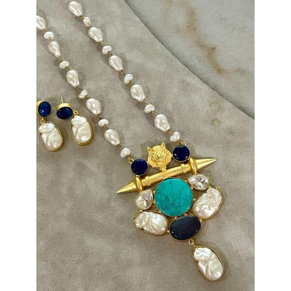 Sabyasachi inspired mala set in emerald multi  color - Image 6