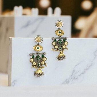 Bollywood Style Traditional Dual-Tone Earrings with Green Stones & Jhumka Design