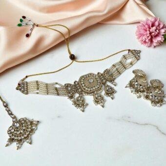 Luxury Kundan Necklace Set with Earrings and Tika - Pearl and Gold Plated Traditional Indian Jewelry
