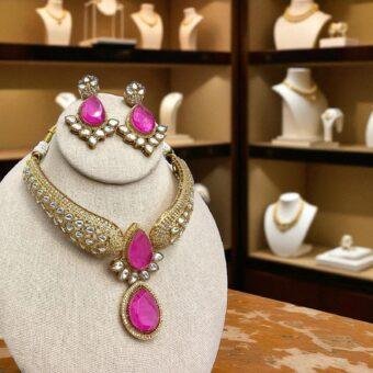 Hot Pink Choker Necklace with Micro Gold Plated - Traditional Indian Jewelry