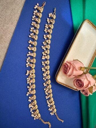 Payal / Anklet Gold Finish with Pearls & Clear Stones