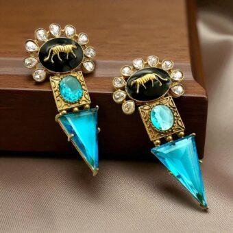 Majestic Tiger Earrings - Handcrafted Polki Jewelry with Aquamarine and Kundan Stones
