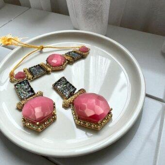 Bollywood Style Pink and Gold Kundan Necklace Set with Earrings - Traditional Indian Bridal Jewelry