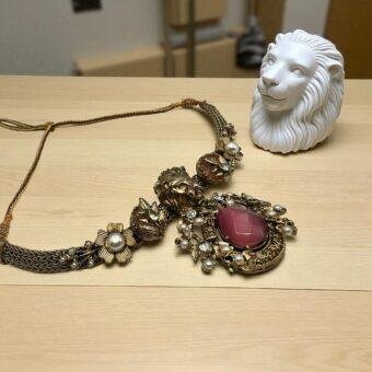 Majestic Lion Necklace and Earring Set - Gold-Toned with Pink Stone and Pearls