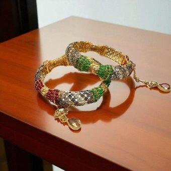 Jada Nauratan Kada Set Openable  - Exquisite Gold Bangles with Red, Green, and White Gemstones