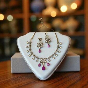Bollywood Style Pink Kundan Necklace Set with Clear Stones & Pearls