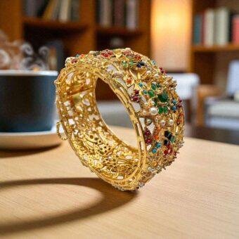 Noratun Jadao Gold Plated Wide Kada Openable Fits 2.6/2.8 - Traditional Pakistani/Indian Jewelry