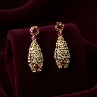 Stunning Statement Earrings in Cz Stones and Ruby - Traditional Gold Plated Teardrop Design