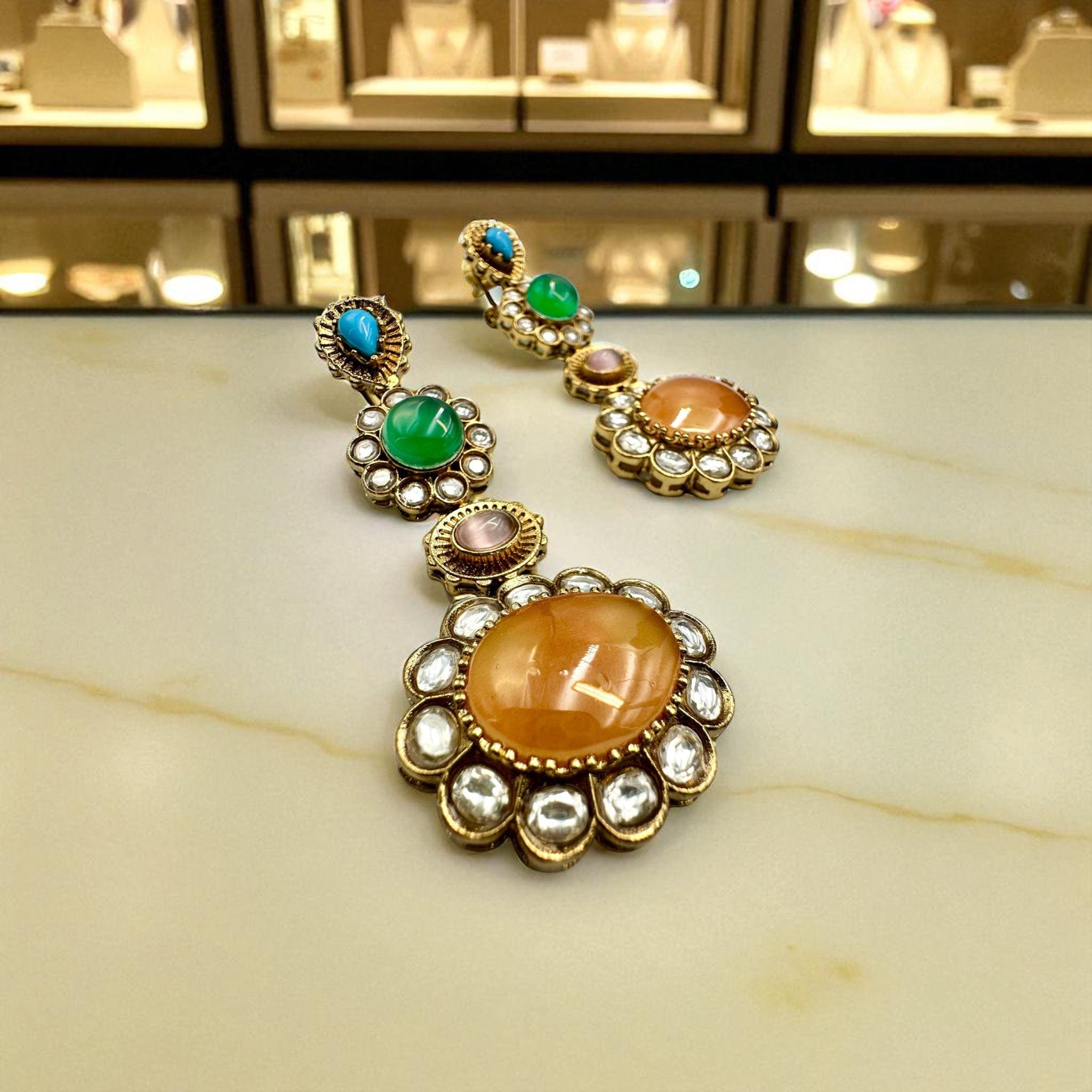 Designer Statement Earrings - Yellow Doublet in Antique Gold Finish