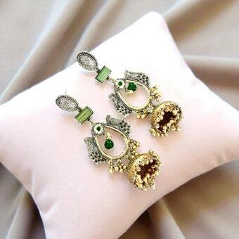 Bollywood Style Dual-Tone Jhumka Earrings with Stones & Intricate Design