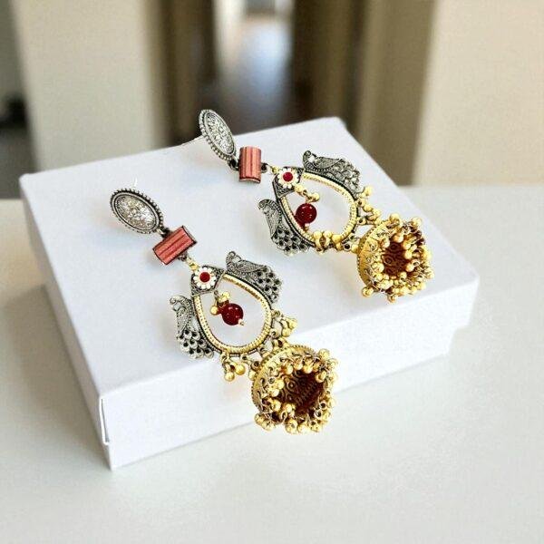 Bollywood Style Dual-Tone Jhumka Earrings with Stones & Intricate Design - Image 2