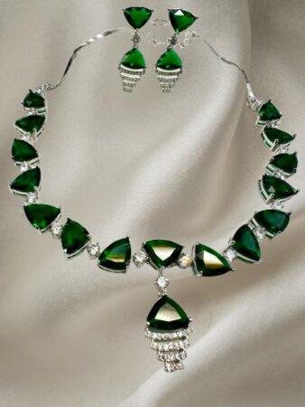Green Emerald Color Cubic Zirconia CZ Necklace Set with Earrings Rhodium Polish Designer Jewelry