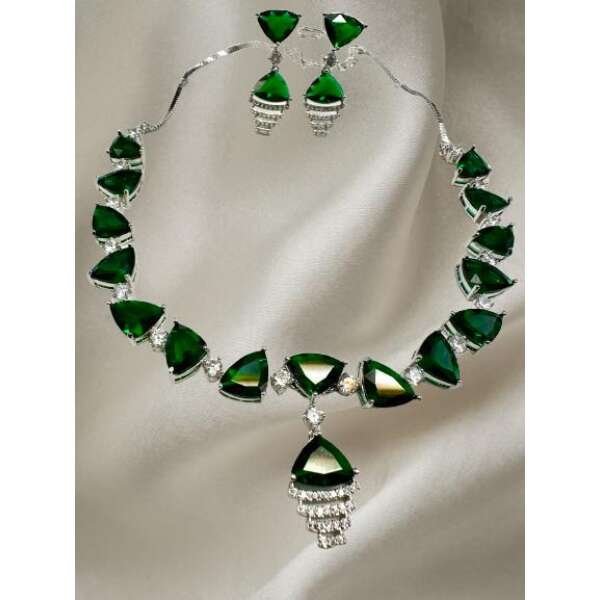 Green Emerald Color Cubic Zirconia CZ Necklace Set with Earrings Rhodium Polish Designer Jewelry