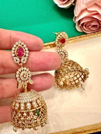 Bollywood Style Stunning Gold Jhumka Earrings with Rubies & Pearls