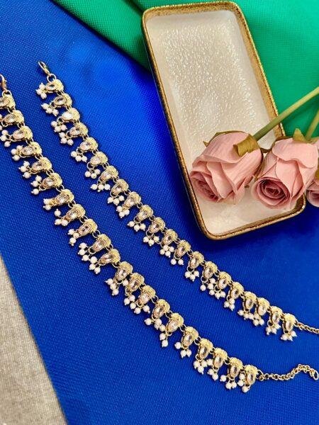 Payal / Anklet Gold Finish with Pearls & Clear Stones - Image 2