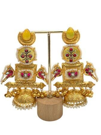 Traditional Gold Tone Earrings with Yellow, Red, White Stones & Pearls