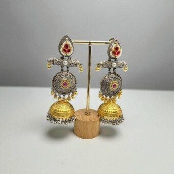 Bollywood Style Traditional Silver & Gold Jhumka Earrings with Red Stones"