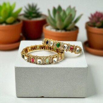Gold plated openable bangle set with Cz stones and Kundan with multi stone size 2.6 standard