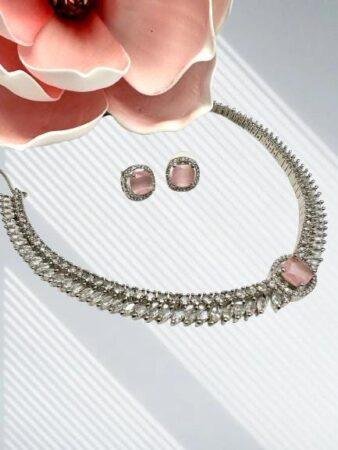 Elegant CZ Necklace Set with Pink Crystal Studs - Sophisticated Cubic Zirconia Jewelry for Special Occasions