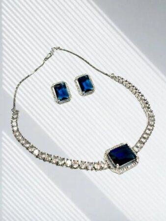 Sapphire Blue Stone CZ Necklace Set with Stud Earrings Silver Tone Jewelry for Women