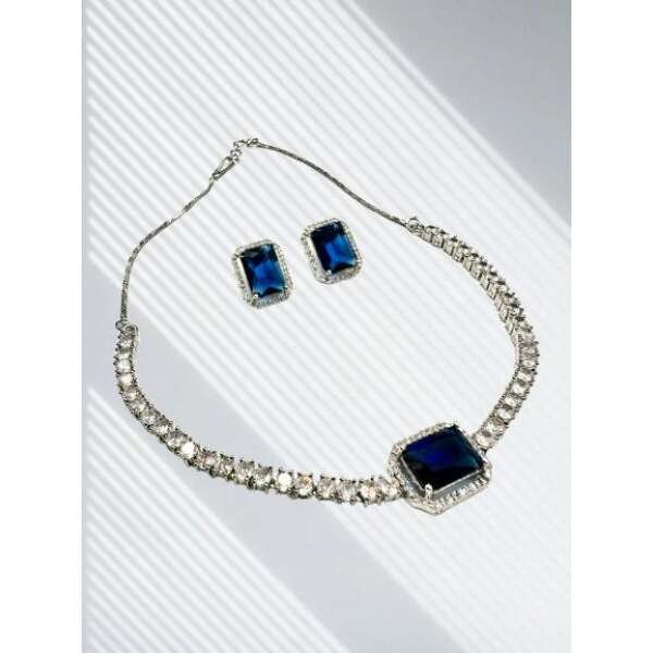 Sapphire Blue Stone CZ Necklace Set with Stud Earrings Silver Tone Jewelry for Women