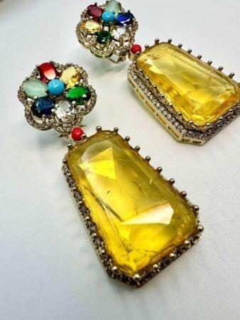 Statement Earrings Bollywood Earrings Double Citrine - Multicolor Gemstones & Citrine Drops