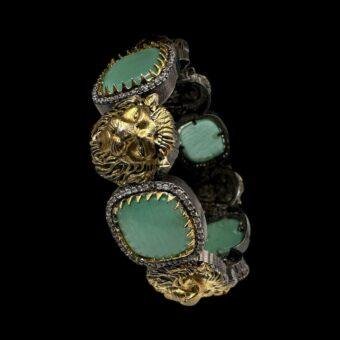 Sabya Openable Bangle Chunky | Lion Motif Gold & Silver with Mint Green Stones