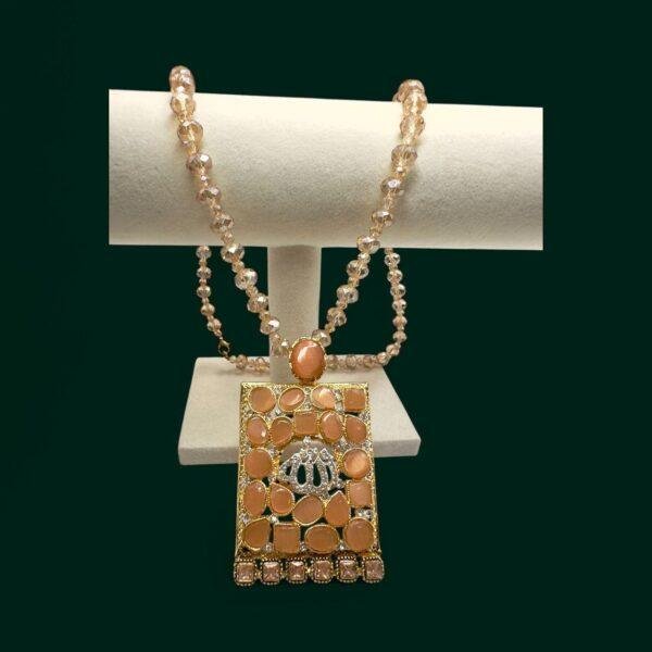 Allah Pendant Necklace in Peach Kundan with Crown Accent