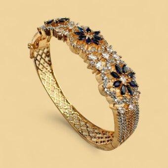 Luxury Gold Tone Bangle CZ Stone Sapphire Color Floral Design