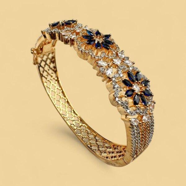 Luxury Gold Tone Bangle CZ Stone Sapphire Color Floral Design