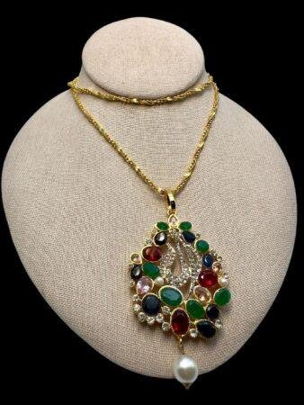 Vibrant Multicolor Gemstone Peacock Pendant Necklace with Pearl Drop