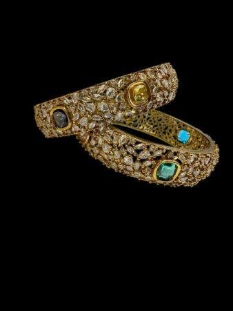 CZ Stone Antique Gold Finish Multi-Stone Kada Set | Sizes 2.4, 2.6, 2.8 | Traditional Indian Jewelry