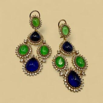Royal Green & Blue Kundan Earrings | Gold-Tone with Zircons | Traditional Indian Jewelry