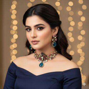 Luxury Floral Kundan Choker Necklace Set | Blue Gemstone pakistani Jewelry | Bridal Pearl Choker with Earrings | Festive Wedding Jewelry Set