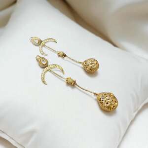Crescent Moon Filigree Earrings – Long Gold Dangle Bridal Statement Gold plated