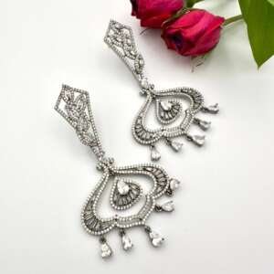 Luxury Indian Silver-Plated Diamond Earrings with Teardrop Design - Elegant Jewelry for Women