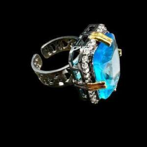 Blue Stone Ring with Cz Stones | Openable Fit 6/7/8 | Silver & Gold Accents