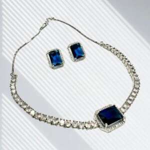 Sapphire Blue Stone CZ Necklace Set with Stud Earrings Silver Tone Jewelry for Women
