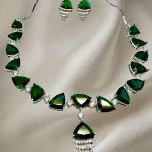 Green Emerald Color Cubic Zirconia CZ Necklace Set with Earrings Rhodium Polish Designer Jewelry