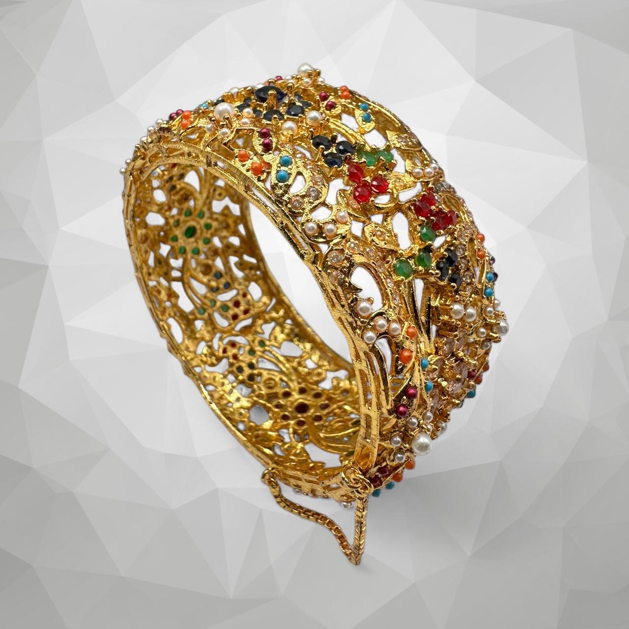 Gold Plated Jadao Kada | Multi Color Stone & Pearl Cuff - Image 3