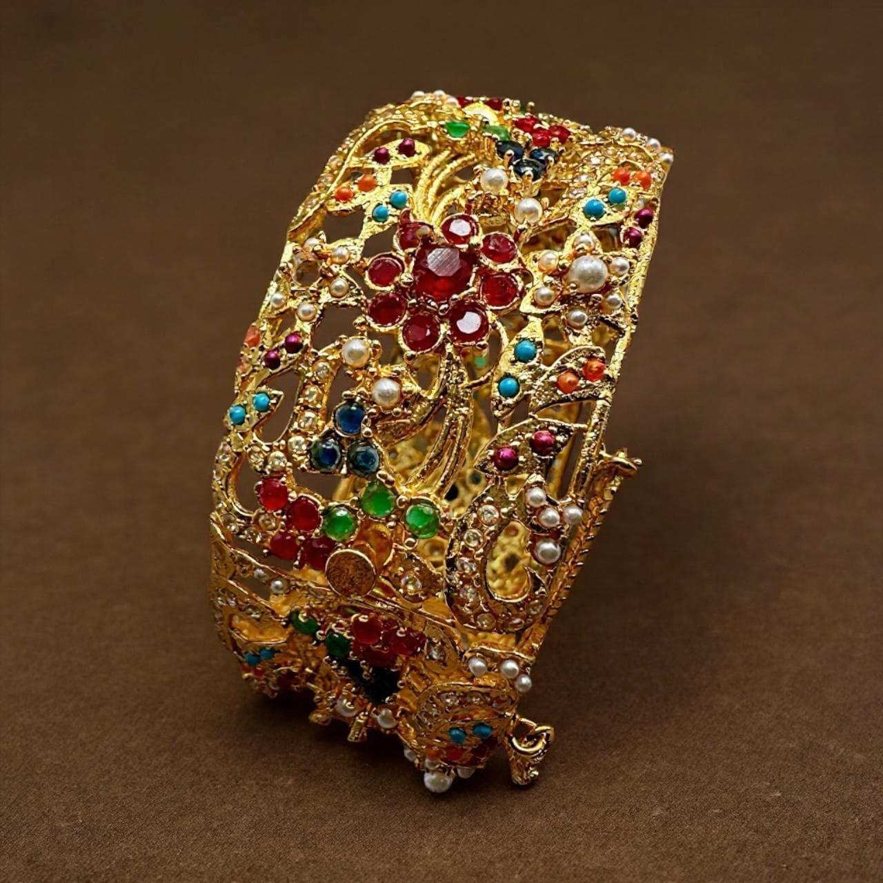 Gold Plated Jadao Kada | Multi Color Stone & Pearl Cuff - Image 4