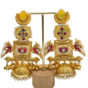 Traditional Gold Tone Earrings with Yellow, Red, White Stones & Pearls