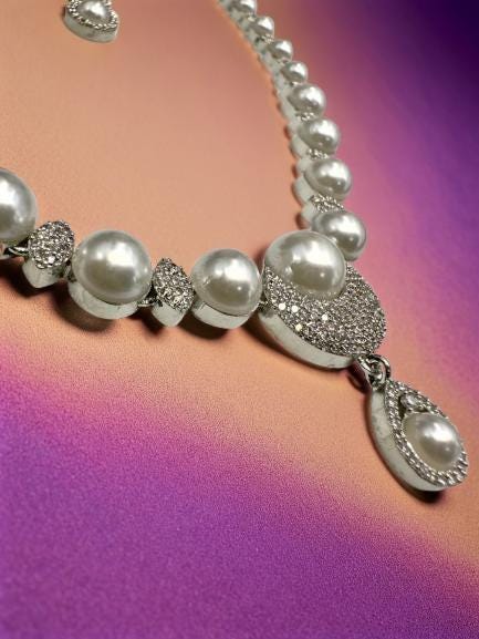 Micro CZ Stone Setting Necklace Set with Earrings - Elegant Pearl & CZ Jewelry - Image 2