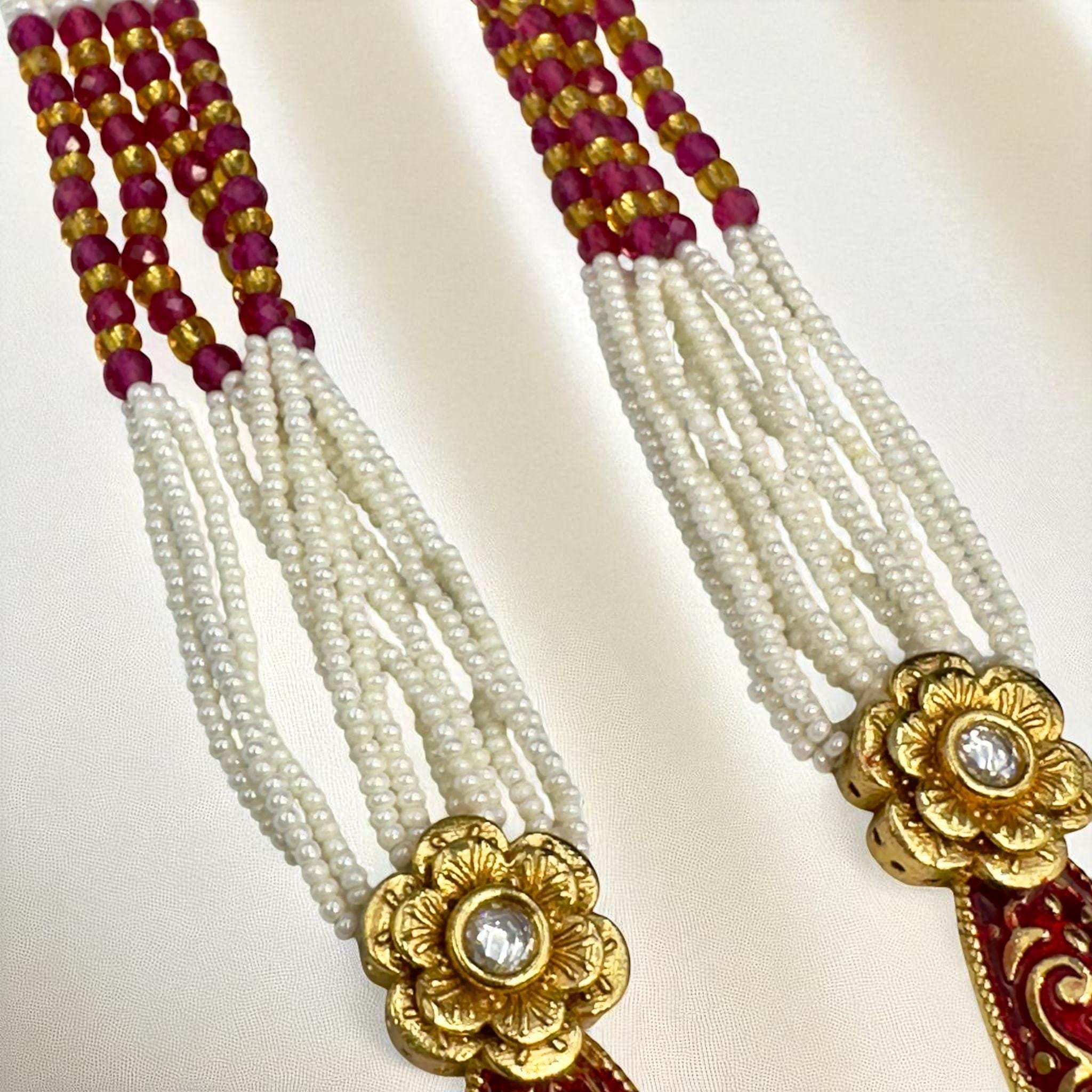 Gold Plated Bollywood Mala Set – Ruby, Emerald, and Pearls - Image 4