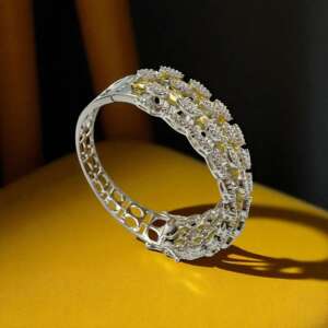 Citrine Yellow Bangle, Rhodium Plated, CZ Stone Setting, Fits 2.4-2.6