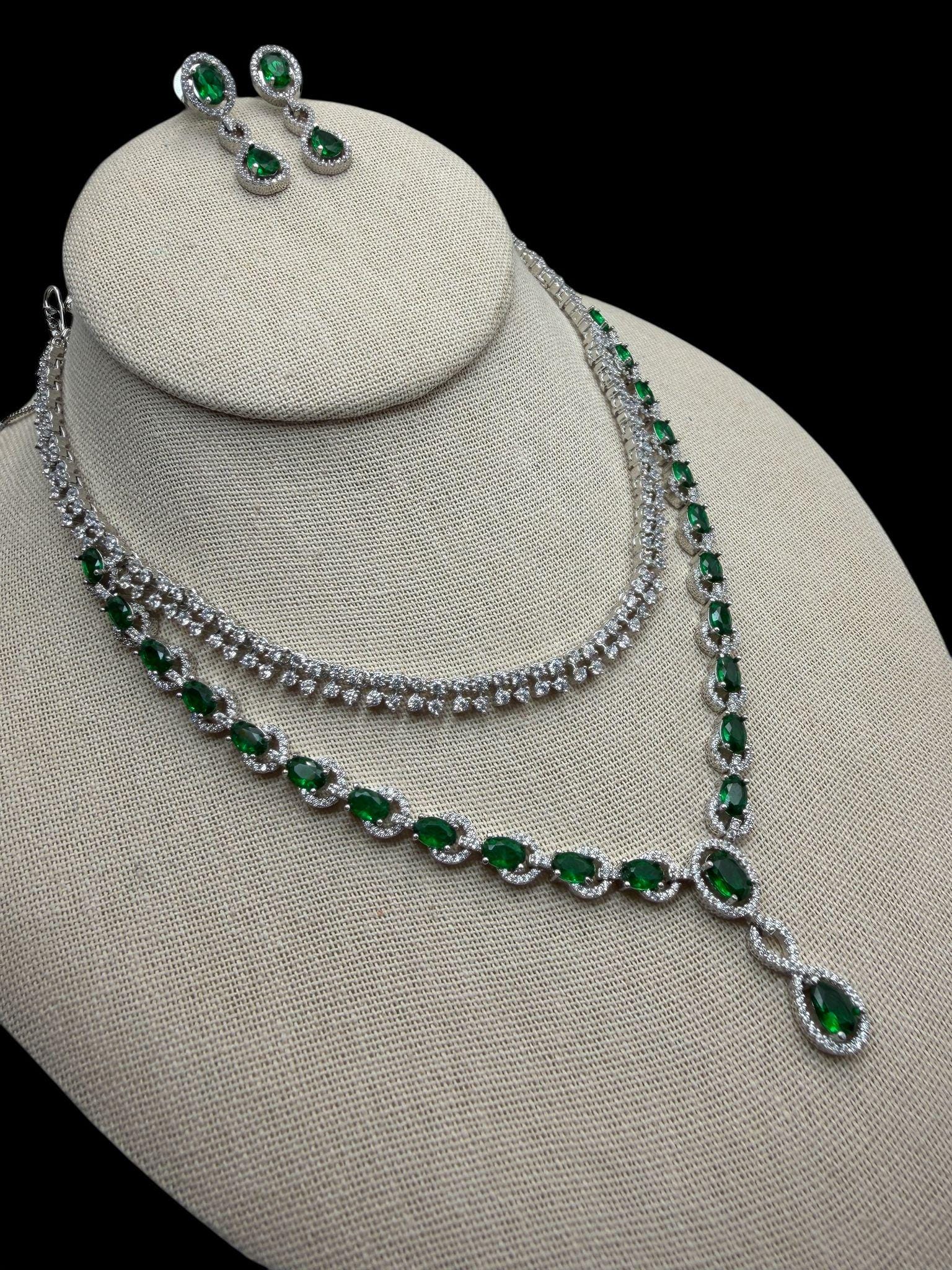 Emerald Green CZ Necklace Set – Rhodium Finish, Bollywood Style - Image 2