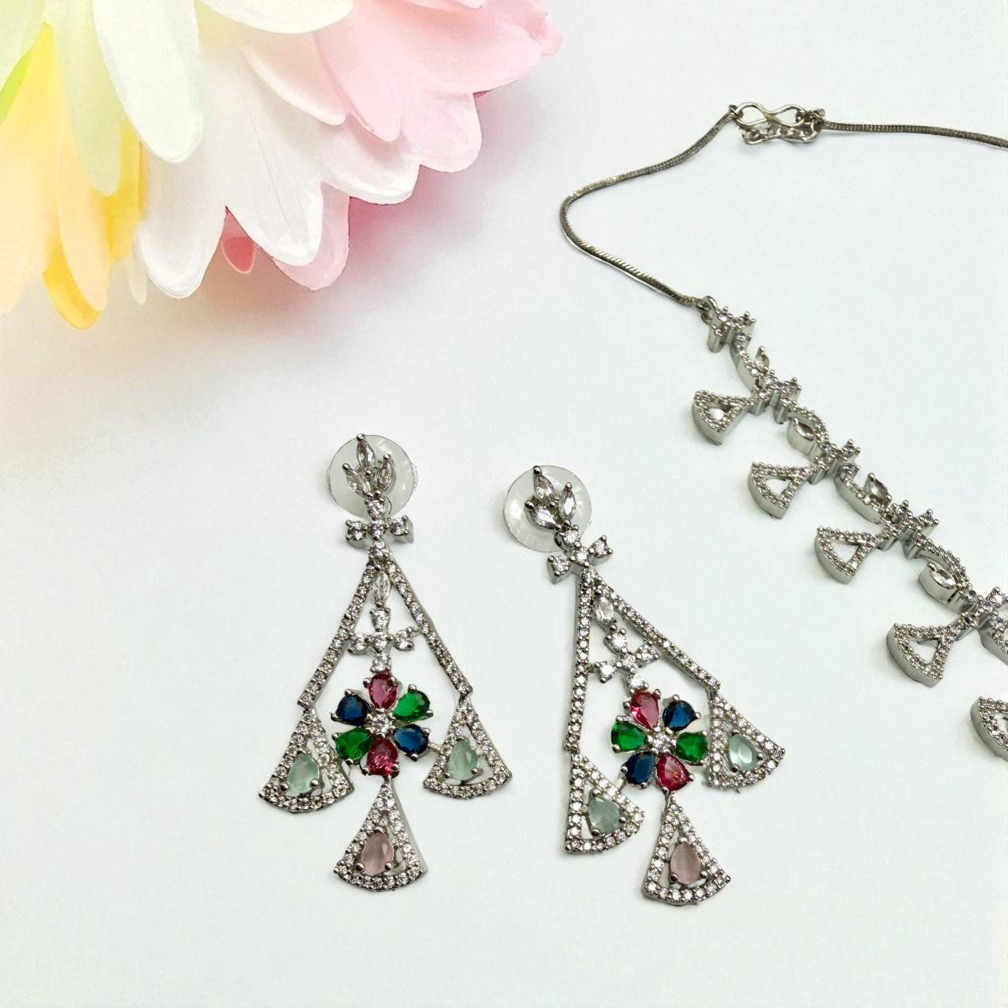 Cz Stones with Multi Color Set with Earrings Rhodium Finish - Beachy Elegance Necklace - Image 2