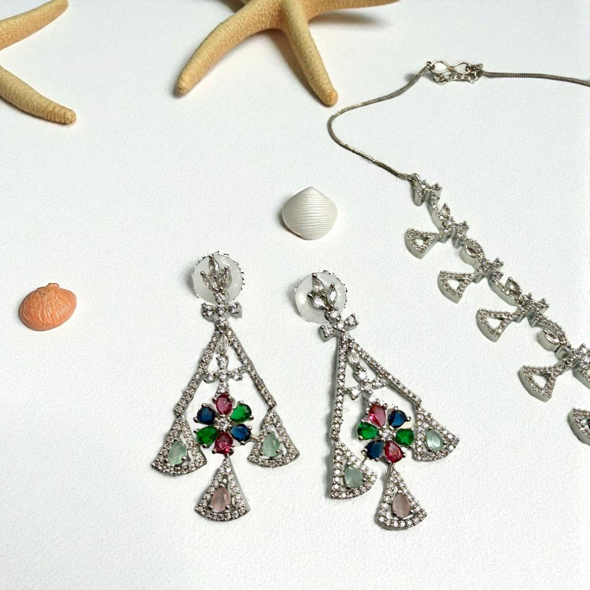 Cz Stones with Multi Color Set with Earrings Rhodium Finish - Beachy Elegance Necklace - Image 3