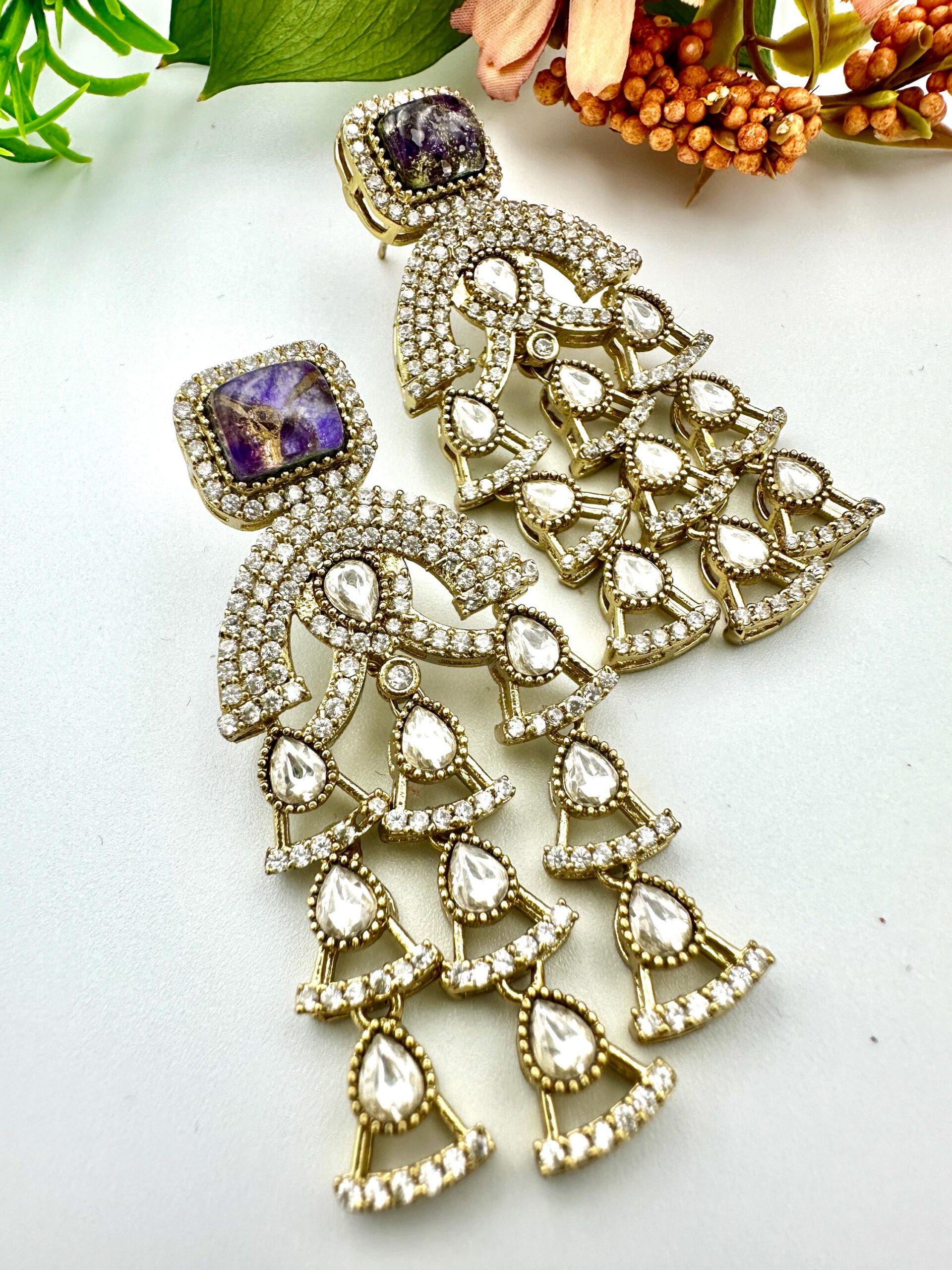Bollywood Indian Earrings with pearl designer multi amythyst marble stone dangle antique gold finish - Image 2